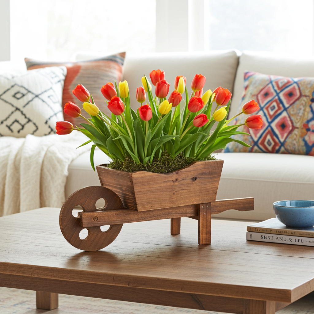 Wooden wheelbarrow planter with red and yellow tulips on a coffee table in a living room.