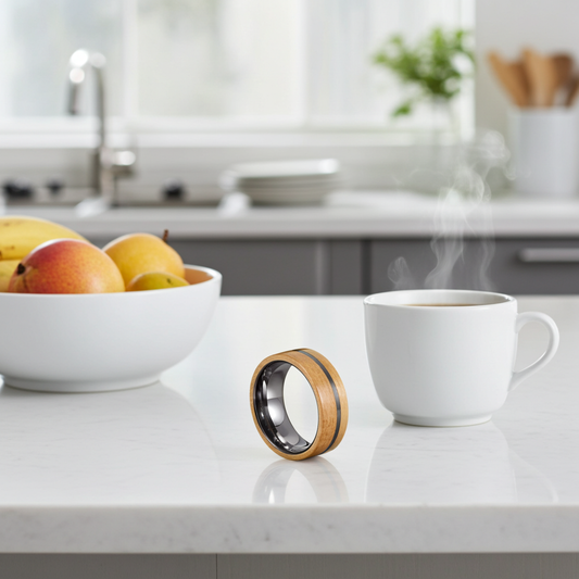 Wood ring on a kitchen counter with a mug and fruit bowl in the background