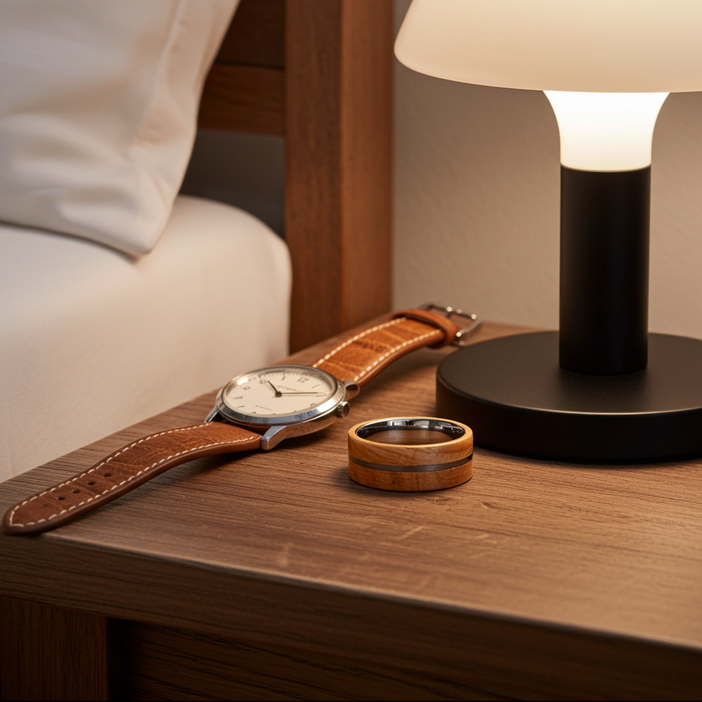 Wristwatch with brown leather strap and wooden ring on a wooden surface next to a lamp.