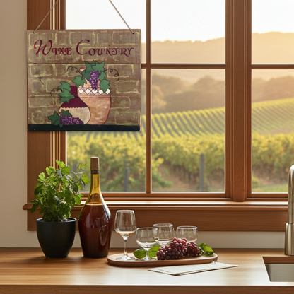 Wine-themed decor with a bottle, glasses, and grapes on a windowsill overlooking vineyards.