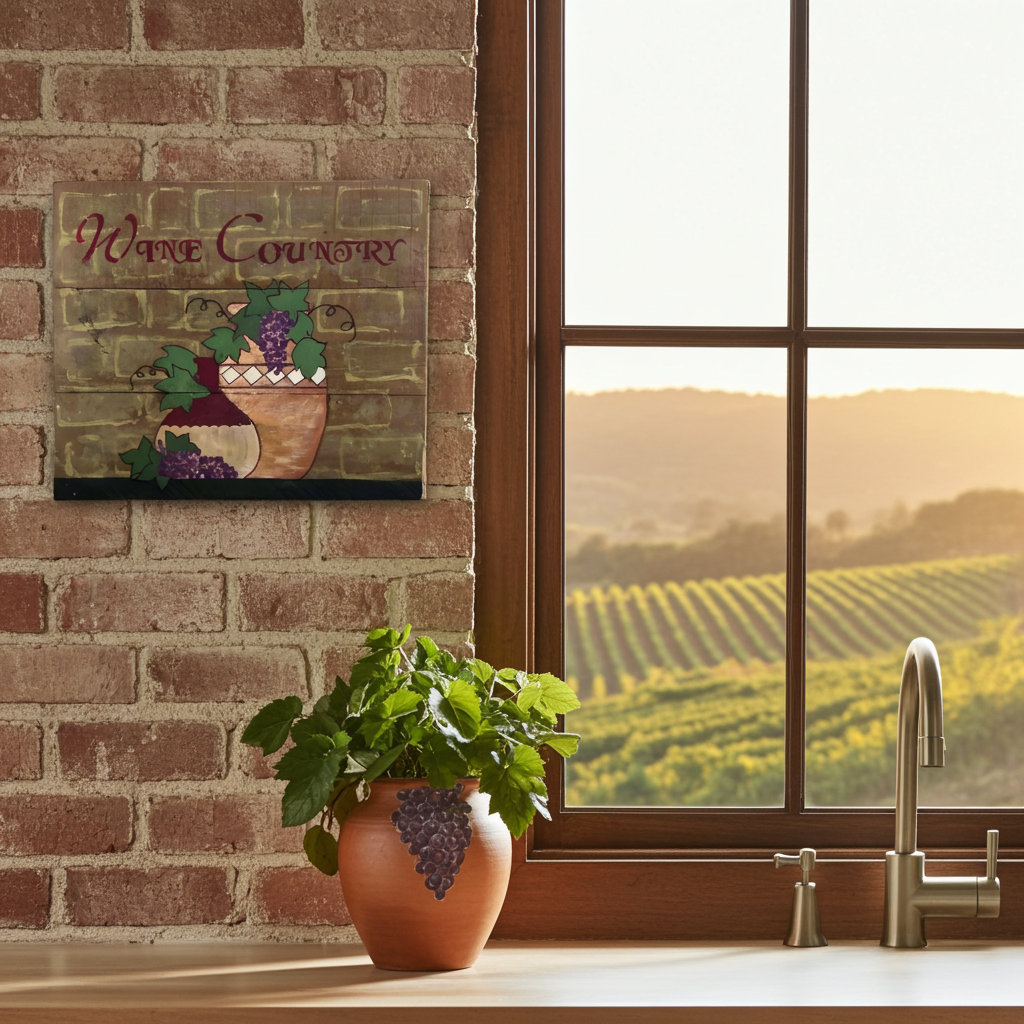 Kitchen window with view of vineyard, potted plant, and 'Wine Country' sign.
