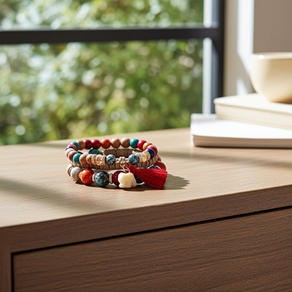 Colorful beaded bracelets on a wooden surface with a blurred green outdoor background