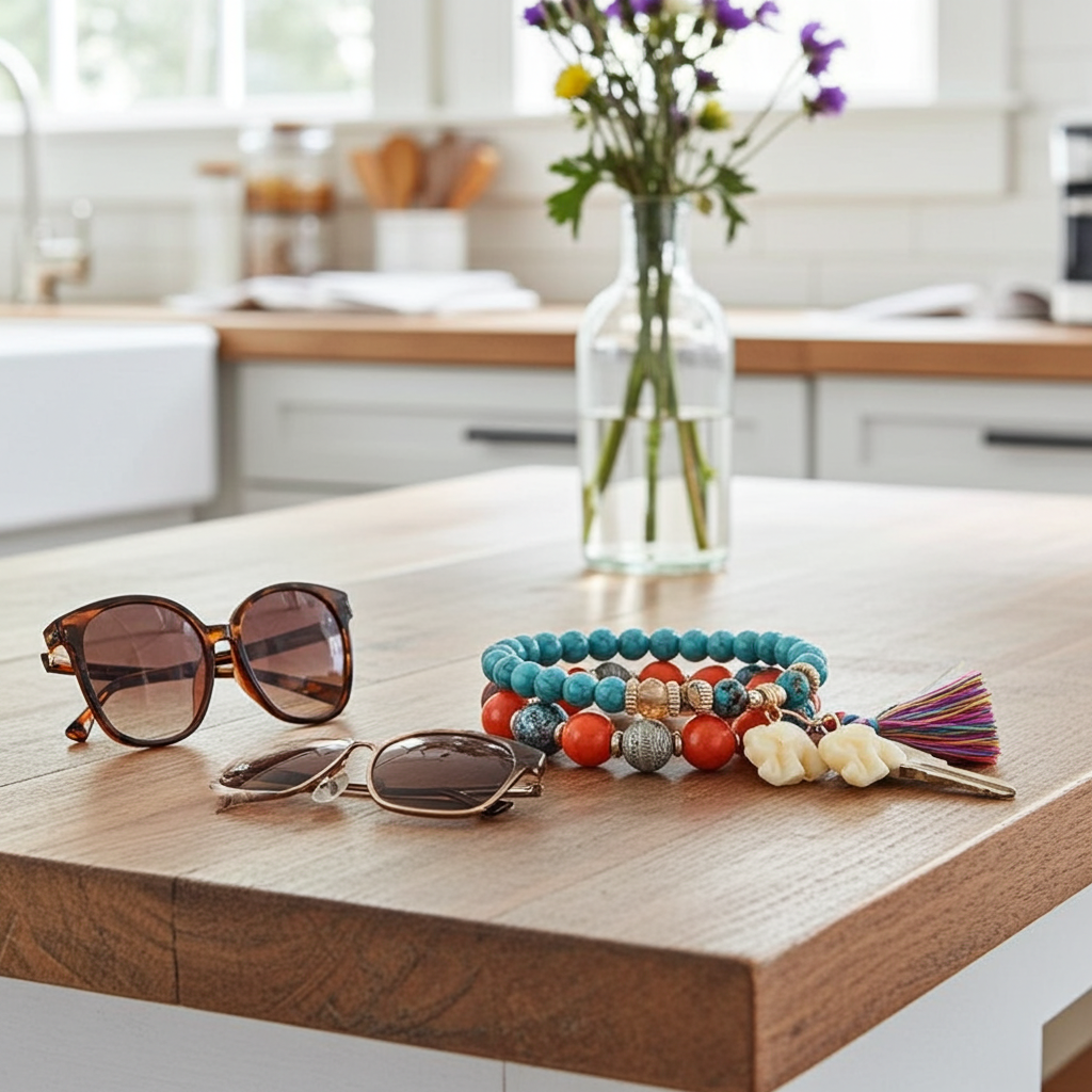 Sunglasses and colorful bracelets on a kitchen counter with a vase of flowers in the background.