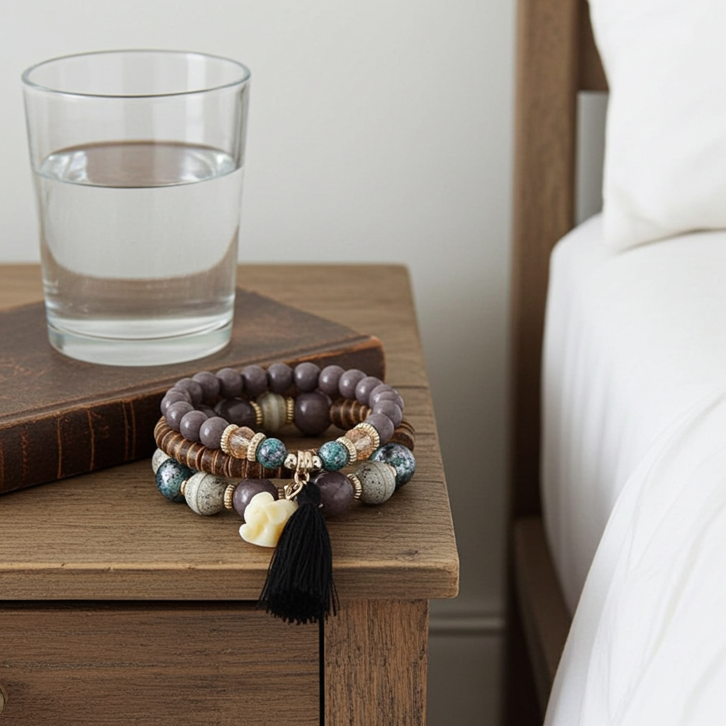 Three beaded bracelets with tassels on a wooden surface next to a glass of water.