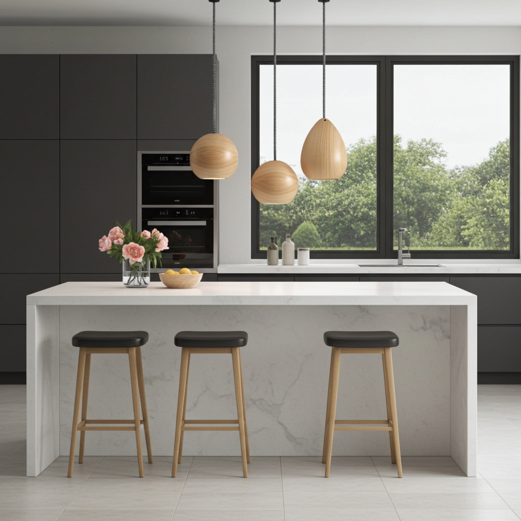 wood cased pendant lights over kitchen island