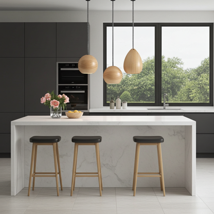 wood cased pendant lights over kitchen island