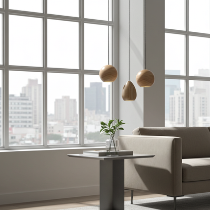 wood cased pendant lights in living room