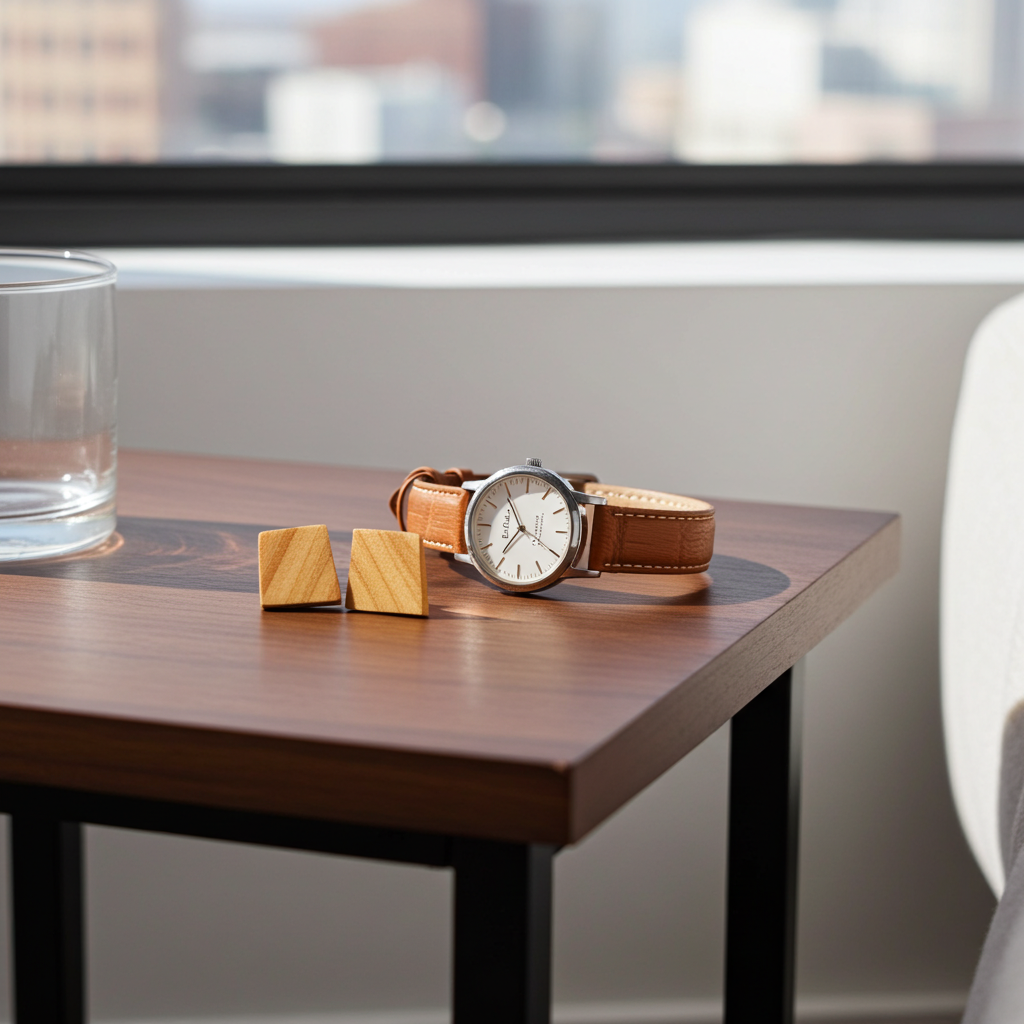 Watch and wooden earrings on a wooden table with a cityscape in the background