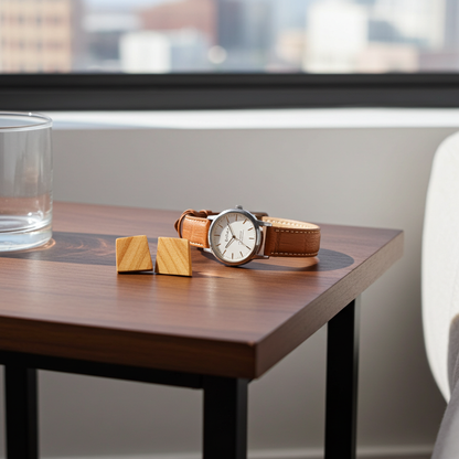 Watch and wooden earrings on a wooden table with a cityscape in the background