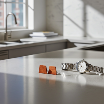 wood chip earrings next to a watch