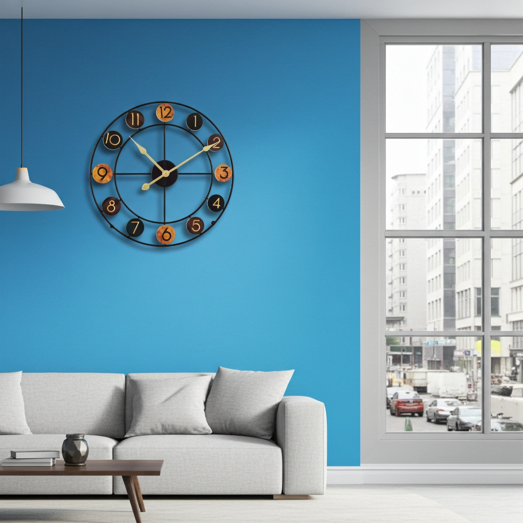 wood chip clock hanging on a blue wall over a sofa