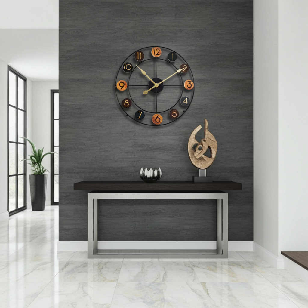 wood chip clock in foyer