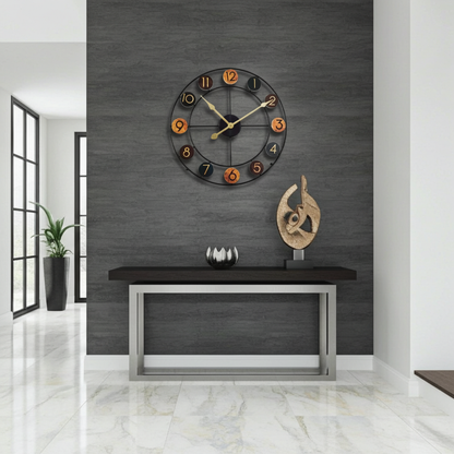 wood chip clock in foyer