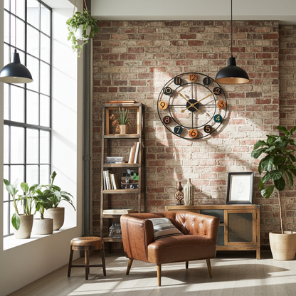 wood chip clock on a brick wall