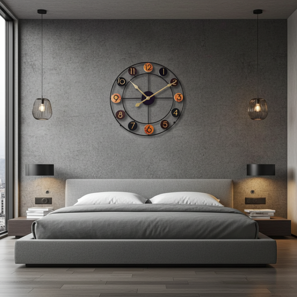 wood chip clock hanging over a bed