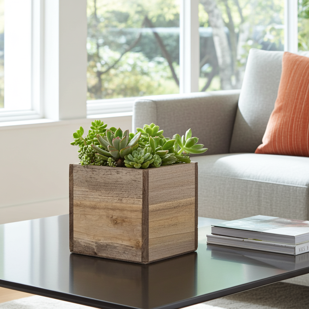 Wooden planter with succulents on a glass coffee table in a living room.