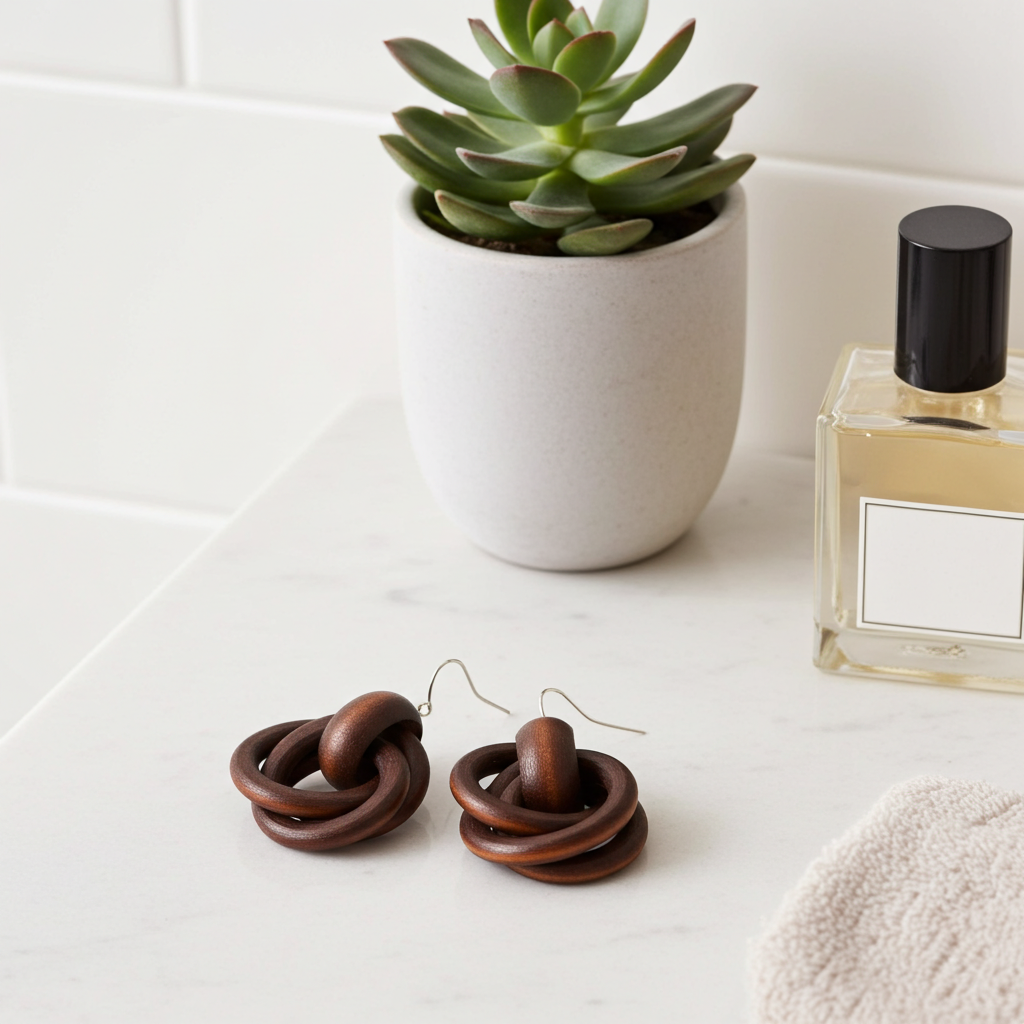 Wooden hoop earrings on a white surface with a potted plant and perfume bottle in the background.