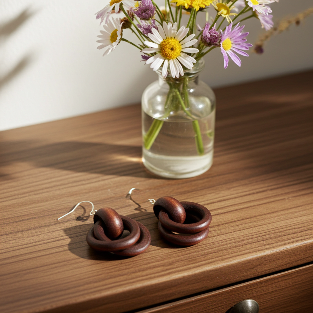 Wooden knot earrings on a wooden surface with a vase of flowers in the background