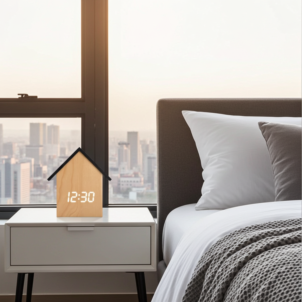 Wooden clock on a nightstand next to a bed with pillows and a blanket, cityscape view through window.