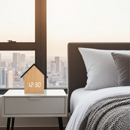Wooden clock on a nightstand next to a bed with pillows and a blanket, cityscape view through window.