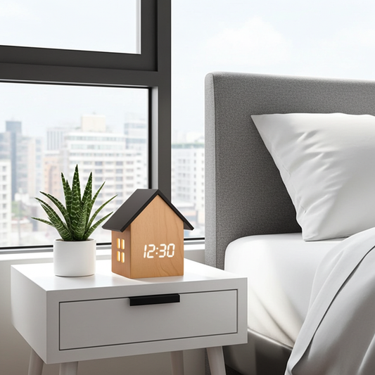 Wooden house-shaped clock on a nightstand next to a bed with pillows, with a cityscape view through the window.