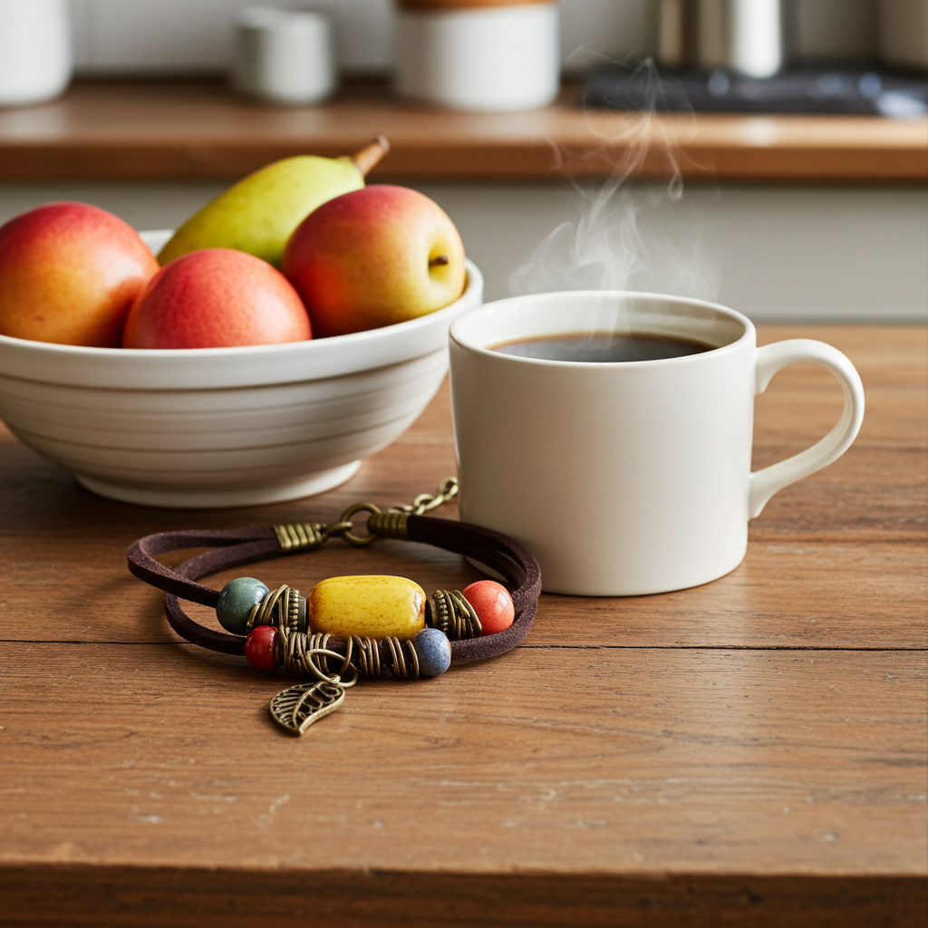 Steaming coffee cup on a wooden table with a bowl of fruit and a bracelet.