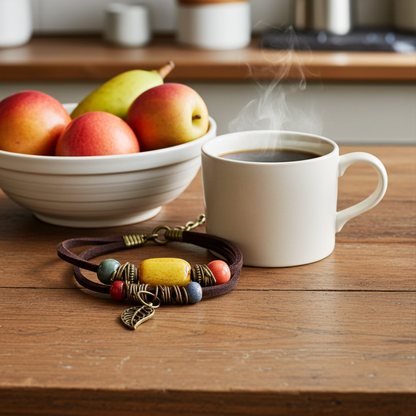 Steaming coffee cup on a wooden table with a bowl of fruit and a bracelet.