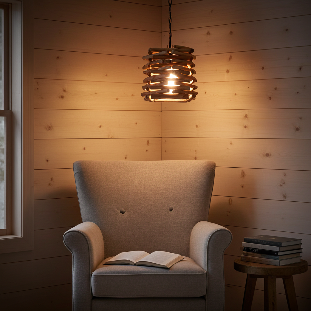 Cozy room with a beige armchair, open book, and small table with a reading light
