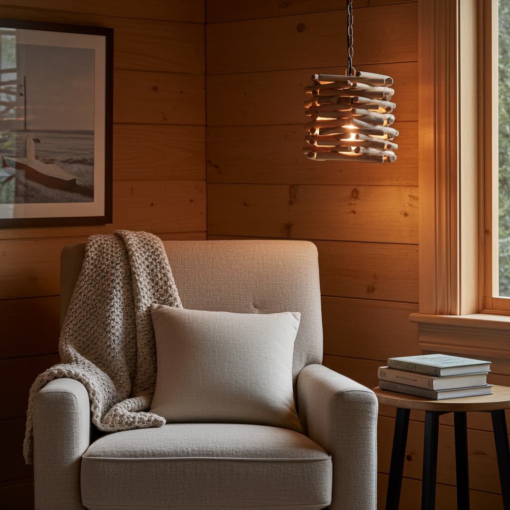 Cozy living room with a beige armchair, blanket, and a loft lamp for light.