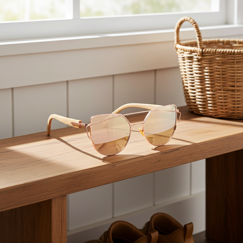 Gold sunglasses on a wooden surface with a wicker basket in the background