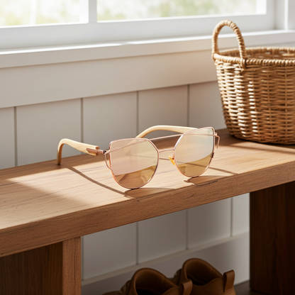 Gold sunglasses on a wooden surface with a wicker basket in the background