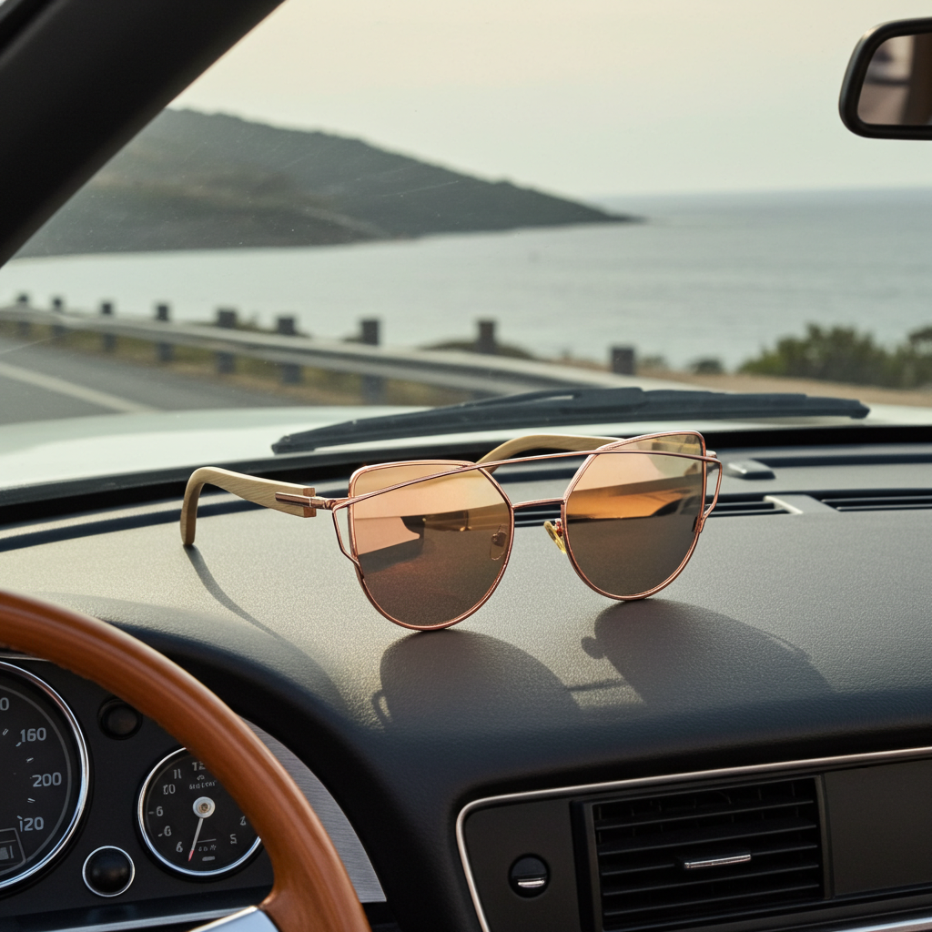 Sunglasses on a car dashboard with a scenic view outside