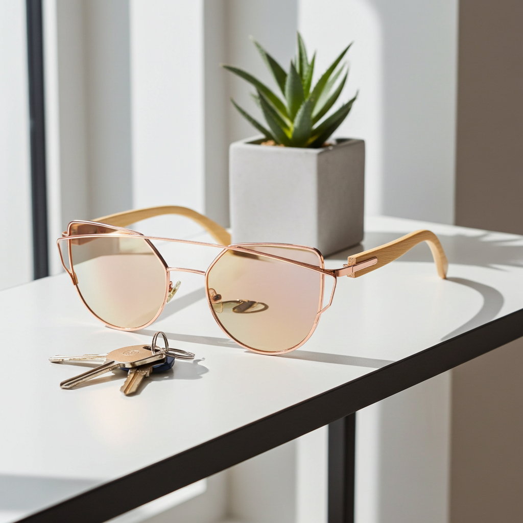 Rose gold sunglasses on a white surface with a plant in the background