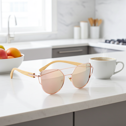 Sunglasses on a kitchen counter with a bowl of fruit and a cup of coffee in the background.