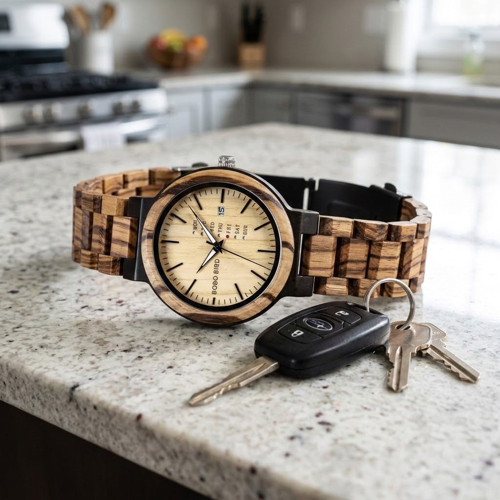 wood watch masculine with car keys
