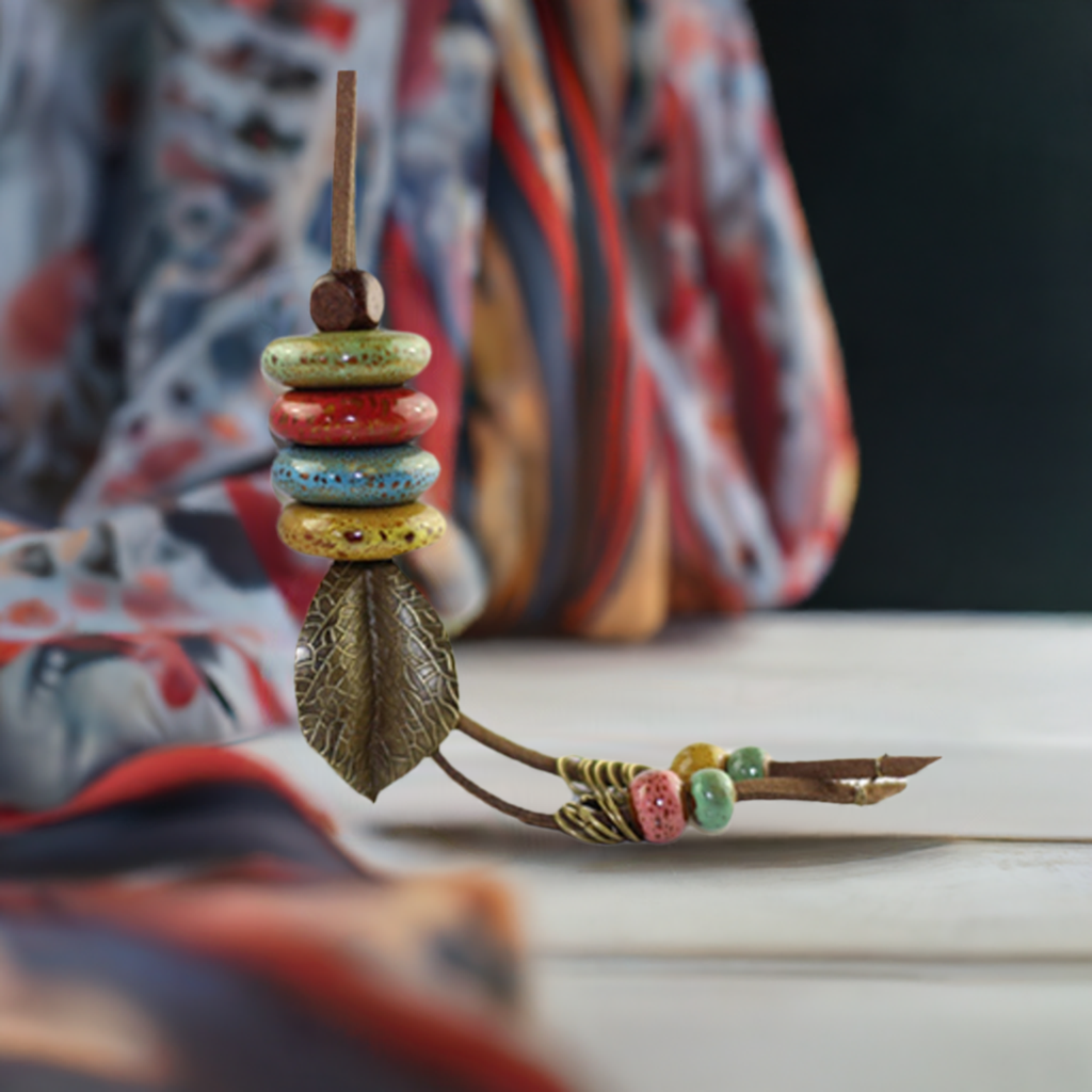 wood leaf necklace next to colorful scarf