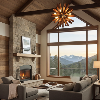 Cozy living room with stone fireplace, large window view of mountains, and modern chandelier.