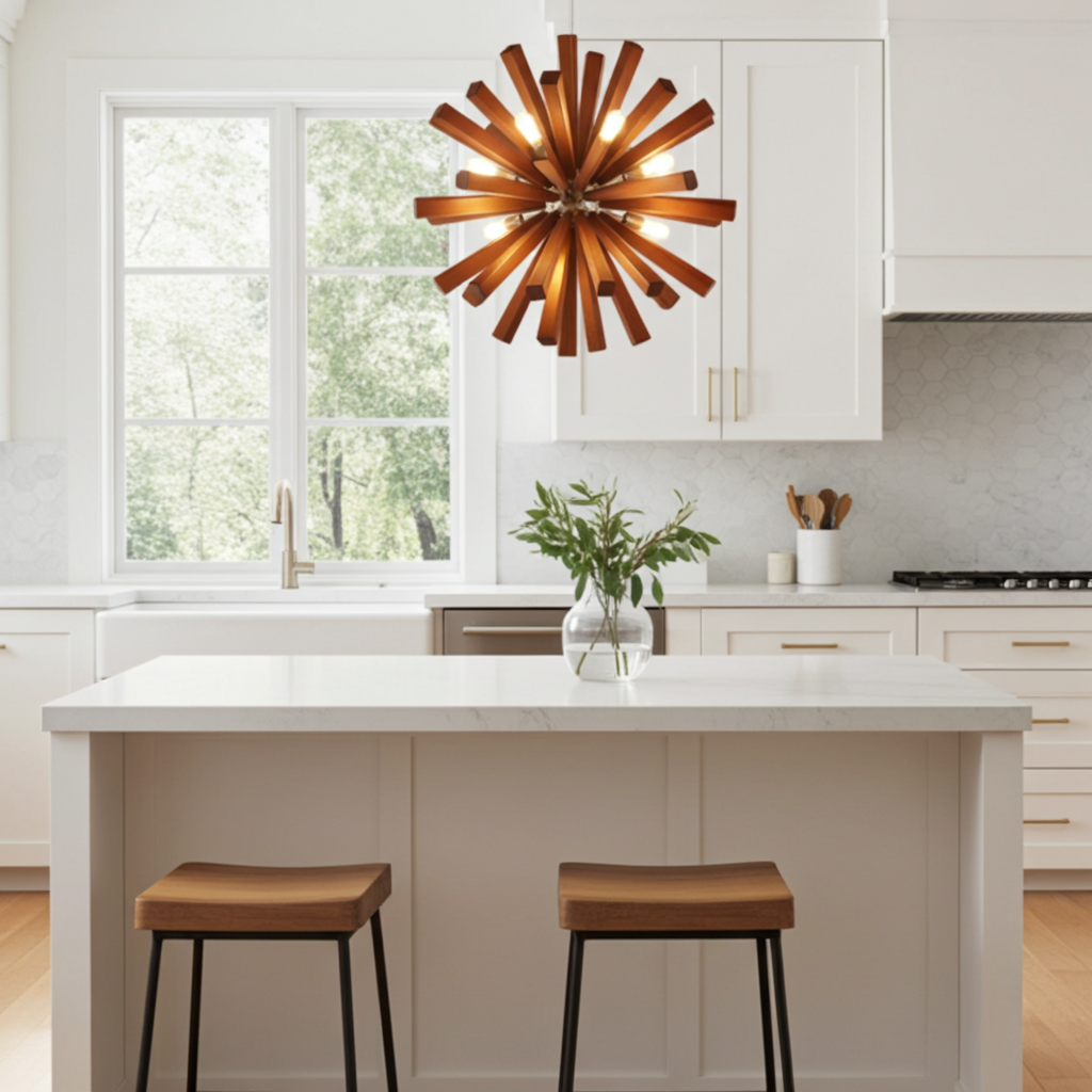 Modern kitchen with a wooden pendant light, white island, and stools.