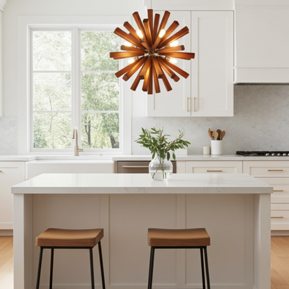 Modern kitchen with a wooden pendant light, white island, and stools.