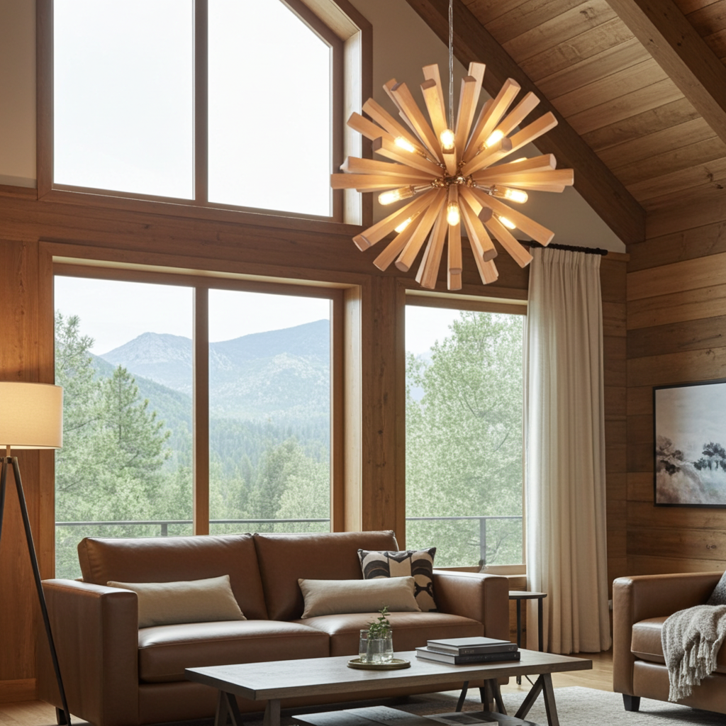 Modern living room with wooden chandelier, brown sofa, and large windows overlooking a forest.