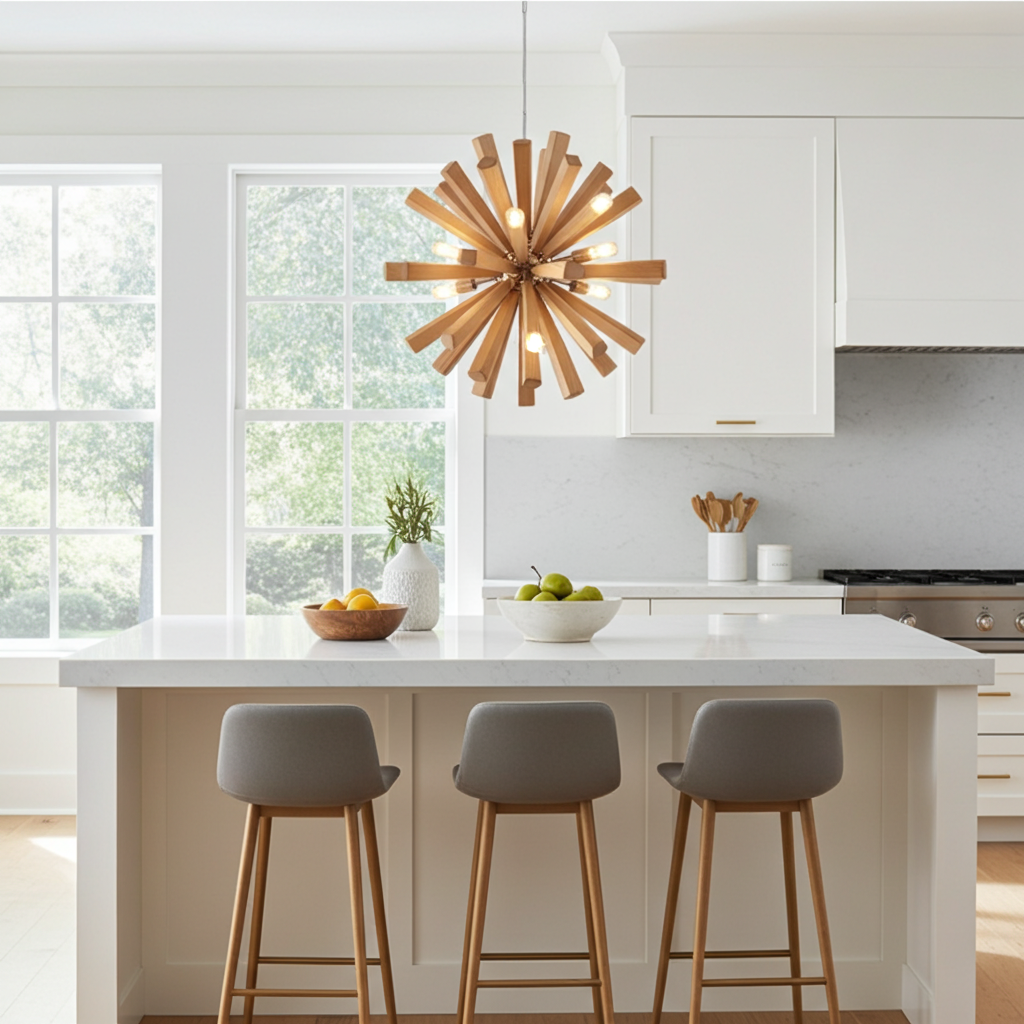 Modern kitchen with a wooden pendant light, white countertops, and gray stools.