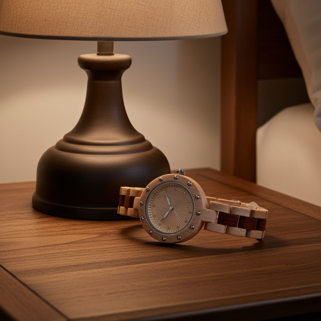 Wooden watch on a wooden surface with a lamp in the background