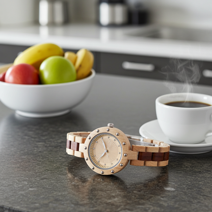 Wooden watch on a kitchen counter with a bowl of fruit and a cup of coffee.