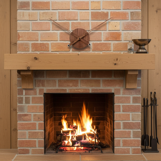Brick fireplace with a lit fire and wooden mantel.