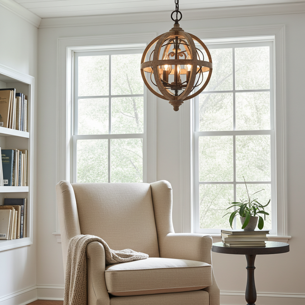 Beige armchair in a room with a large window, wooden pendant light, and small table with books and a plant.
