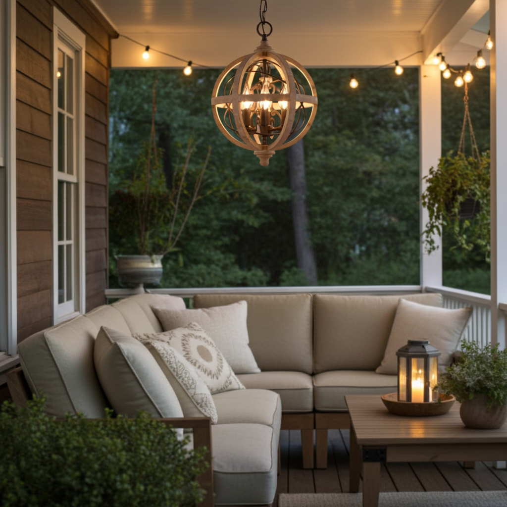 Outdoor patio with beige sectional sofa, decorative pillows, and hanging lights.