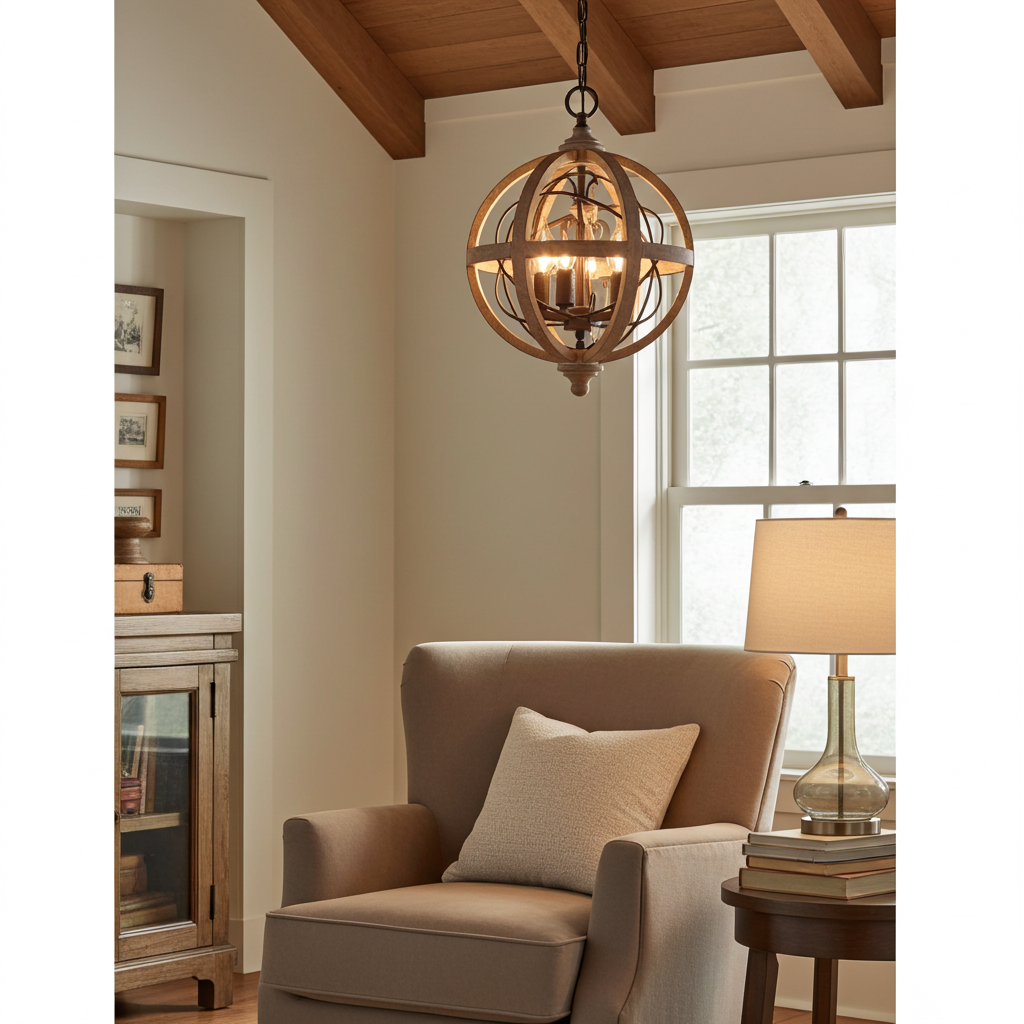 Living room with a beige armchair, side table, and hanging light fixture.