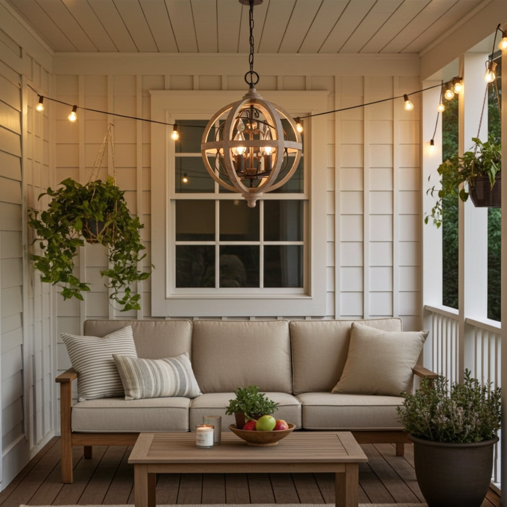 Outdoor patio with a beige sofa, wooden coffee table, and string lights.