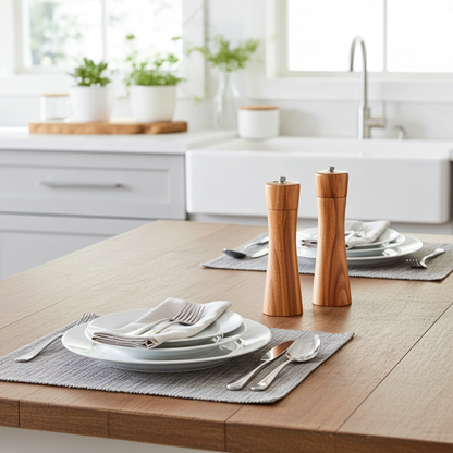 Wooden salt and pepper shakers on a kitchen table with plates, cutlery, and placemats.