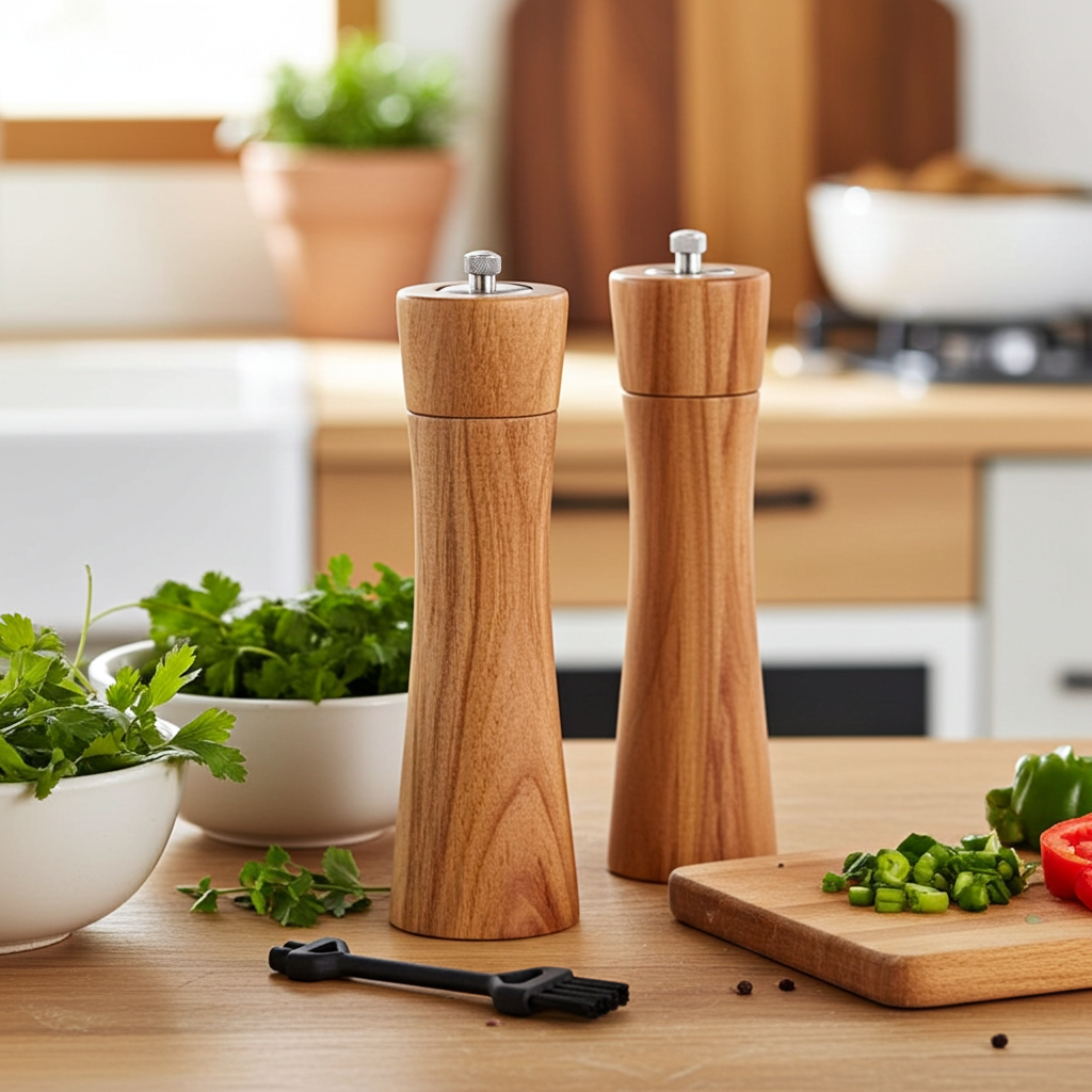 Wooden pepper mills on a kitchen counter with fresh herbs and vegetables.